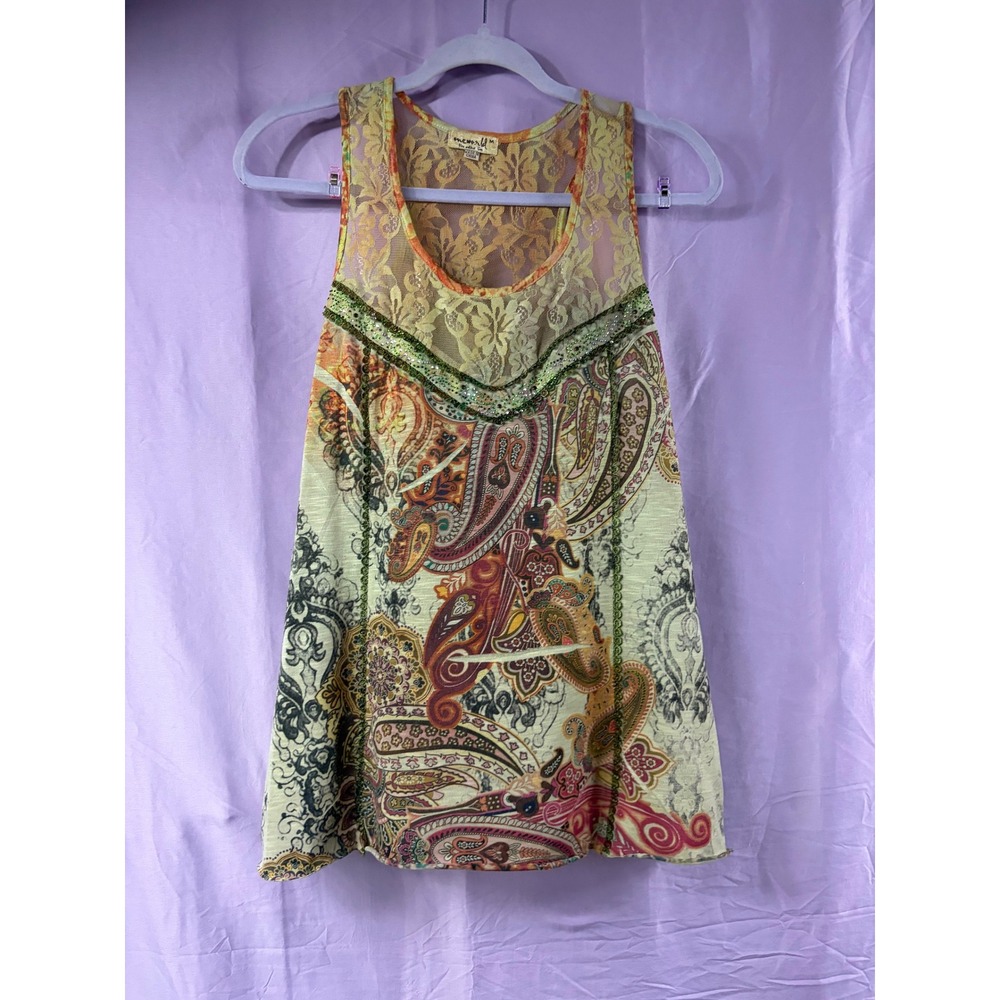 One World Womens Paisley Lace Trim Beaded Tank Top Orange Green Size M